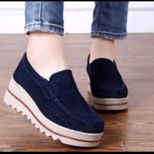 Black Suede Leather Platform Slip On Loafers